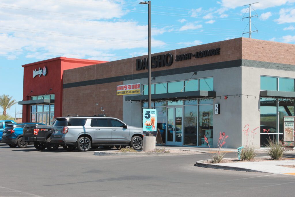 The exterior of Daisho Sushi Lounge and Wendy's on Rainbow Boulevard and Warm Springs Road.